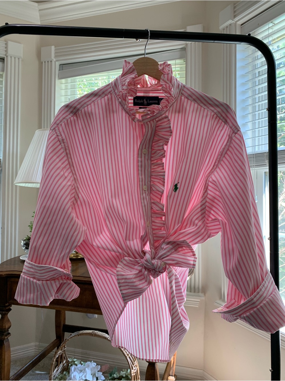 Ralph Lauren Pink & White Striped Ruffle Button-Front Shirt
